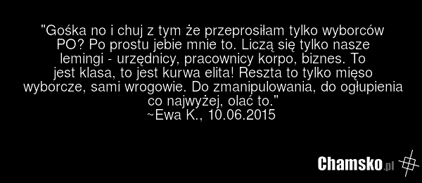 "Gośka no i chuj z tym że przeprosiłam tylko wyborców PO? Po prostu jebie mnie to. Liczą się tylko nasze lemingi - urzędnicy, pracownicy korpo, biznes. To jest klasa, to jest kurwa elita! Reszta to tylko mięso wyborcze, sami wrogowie. Do zmanipulowania, do ogłupienia co najwyżej, olać to." ~Ewa K.,…