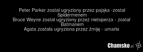 Peter Parker został ugryziony przez pająka -został Spidermenem Bruce Weyne został ugryziony przez nietoperza - został Batmanem Agata została ugryziona przez żmiję - umarła
