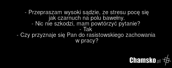 - Przepraszam wysoki sądzie, ze stresu pocę się jak czarnuch na polu bawełny. - Nic nie szkodzi, mam powtórzyć pytanie? - Tak - Czy przyznaje się Pan do rasistowskiego zachowania w pracy?