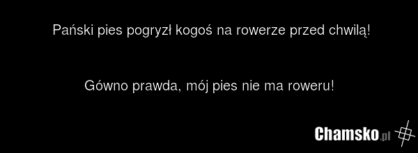 Pański pies pogryzł kogoś na rowerze przed chwilą! Gówno prawda, mój pies nie ma roweru!