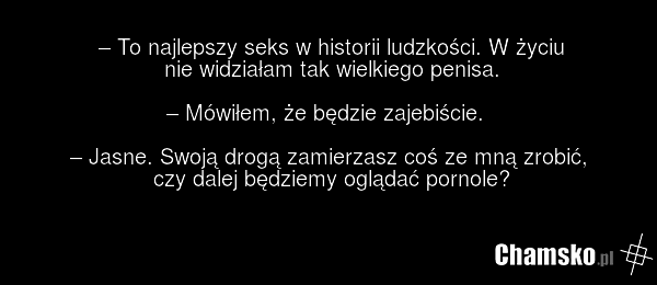 – To najlepszy seks w historii ludzkości. W życiu nie widziałam tak wielkiego penisa. – Mówiłem, że będzie zajebiście. – Jasne. Swoją drogą zamierzasz coś ze mną zrobić, czy dalej będziemy oglądać pornole?