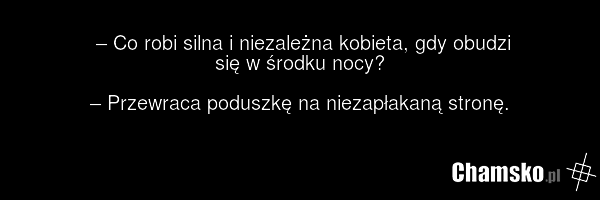 – Co robi silna i niezależna kobieta, gdy obudzi się w środku nocy? – Przewraca poduszkę na niezapłakaną stronę.