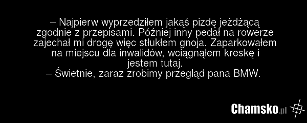 – Najpierw wyprzedziłem jakąś pizdę jeżdżącą zgodnie z przepisami. Później inny pedał na rowerze zajechał mi drogę więc stłukłem gnoja. Zaparkowałem na miejscu dla inwalidów, wciągnąłem kreskę i jestem tutaj. – Świetnie, zaraz zrobimy przegląd pana BMW.