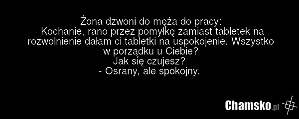Żona dzwoni do męża do pracy: - Kochanie, rano przez pomyłkę zamiast tabletek na rozwolnienie dałam ci tabletki na uspokojenie. Wszystko w porządku u Ciebie? Jak się czujesz? - Osrany, ale spokojny.