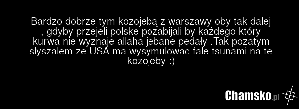 Bardzo dobrze tym kozojebą z warszawy oby tak dalej , gdyby przejeli polske pozabijali by każdego który kurwa nie wyznaje allaha jebane pedały .Tak pozatym slyszalem ze USA ma wysymulowac fale tsunami na te kozojeby :)