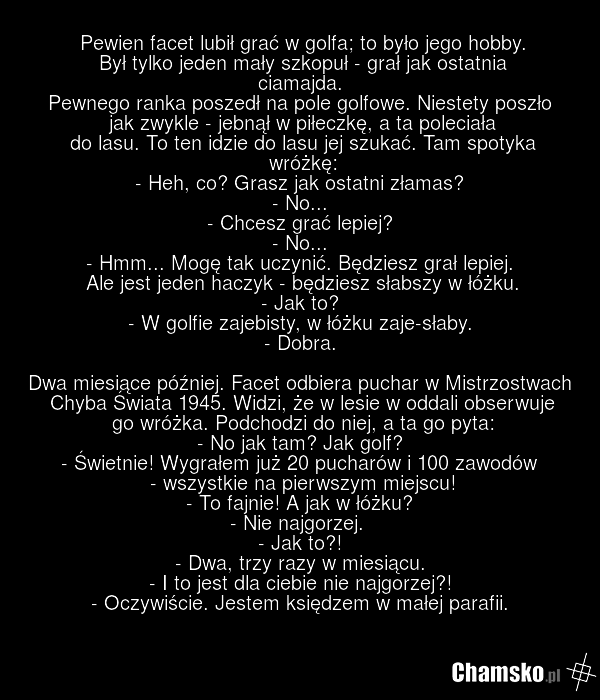 Pewien facet lubił grać w golfa; to było jego hobby. Był tylko jeden mały szkopuł - grał jak ostatnia ciamajda. Pewnego ranka poszedł na pole golfowe. Niestety poszło jak zwykle - jebnął w piłeczkę, a ta poleciała do lasu. To ten idzie do lasu jej szukać. Tam spotyka wróżkę: - Heh, co? Grasz jak os…