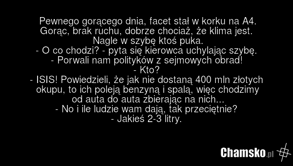 Pewnego gorącego dnia, facet stał w korku na A4. Gorąc, brak ruchu, dobrze chociaż, że klima jest. Nagle w szybę ktoś puka. - O co chodzi? - pyta się kierowca uchylając szybę. - Porwali nam polityków z sejmowych obrad! - Kto? - ISIS! Powiedzieli, że jak nie dostaną 400 mln złotych okupu, to ich pol…