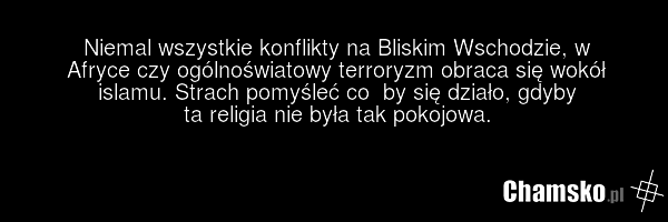 Niemal wszystkie konflikty na Bliskim Wschodzie, w Afryce czy ogólnoświatowy terroryzm obraca się wokół islamu. Strach pomyśleć co by się działo, gdyby ta religia nie była tak pokojowa.