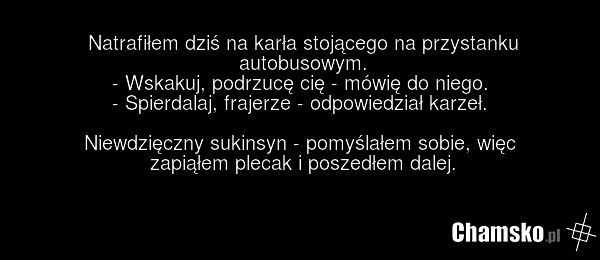 Natrafiłem dziś na karła stojącego na przystanku autobusowym. - Wskakuj, podrzucę cię - mówię do niego. - Spierdalaj, frajerze - odpowiedział karzeł. Niewdzięczny sukinsyn - pomyślałem sobie, więc zapiąłem plecak i poszedłem dalej.