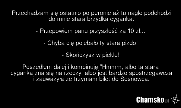 Przechadzam się ostatnio po peronie aż tu nagle podchodzi do mnie stara brzydka cyganka: - Przepowiem panu przyszłość za 10 zł... - Chyba cię pojebało ty stara pizdo! - Skończysz w piekle! Poszedłem dalej i kombinuję "Hmmm, albo ta stara cyganka zna się na rzeczy, albo jest bardzo spostrzegawcza i…