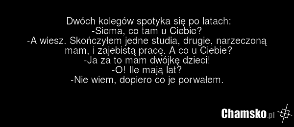 Dwóch kolegów spotyka się po latach: -Siema, co tam u Ciebie? -A wiesz. Skończyłem jedne studia, drugie, narzeczoną mam, i zajebistą pracę. A co u Ciebie? -Ja za to mam dwójkę dzieci! -O! Ile mają lat? -Nie wiem, dopiero co je porwałem.