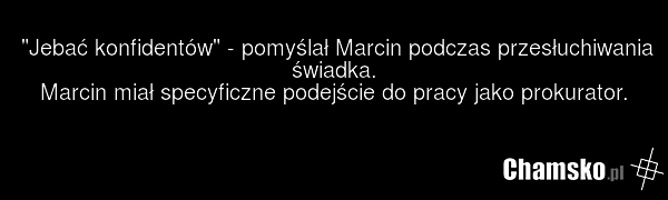 "Jebać konfidentów" - pomyślał Marcin podczas przesłuchiwania świadka. Marcin miał specyficzne podejście do pracy jako prokurator.