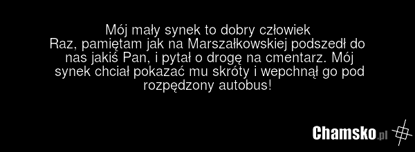 Mój mały synek to dobry człowiek Raz, pamiętam jak na Marszałkowskiej podszedł do nas jakiś Pan, i pytał o drogę na cmentarz. Mój synek chciał pokazać mu skróty i wepchnął go pod rozpędzony autobus!