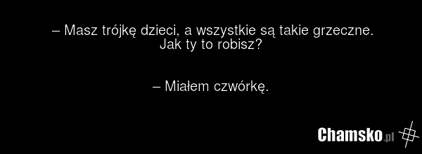 – Masz trójkę dzieci, a wszystkie są takie grzeczne. Jak ty to robisz? – Miałem czwórkę.