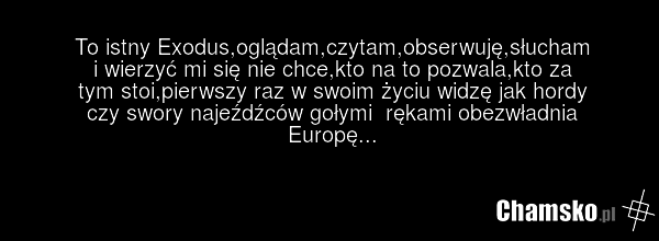 To istny Exodus,oglądam,czytam,obserwuję,słucham i wierzyć mi się nie chce,kto na to pozwala,kto za tym stoi,pierwszy raz w swoim życiu widzę jak hordy czy swory najeźdźców gołymi rękami obezwładnia Europę...