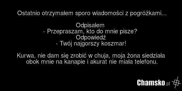 Ostatnio otrzymałem sporo wiadomości z pogróżkami... Odpisałem - Przepraszam, kto do mnie pisze? Odpowiedź - Twój najgorszy koszmar! Kurwa, nie dam się zrobić w chuja, moja żona siedziała obok mnie na kanapie i akurat nie miała telefonu.