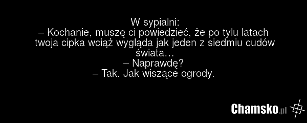 W sypialni: – Kochanie, muszę ci powiedzieć, że po tylu latach twoja cipka wciąż wygląda jak jeden z siedmiu cudów świata… – Naprawdę? – Tak. Jak wiszące ogrody.