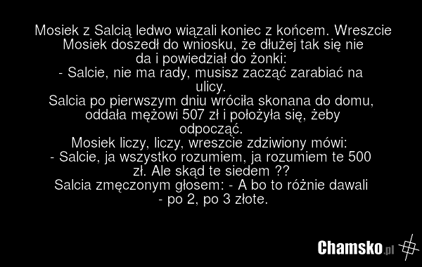 Mosiek z Salcią ledwo wiązali koniec z końcem. Wreszcie Mosiek doszedł do wniosku, że dłużej tak się nie da i powiedział do żonki: - Salcie, nie ma rady, musisz zacząć zarabiać na ulicy. Salcia po pierwszym dniu wróciła skonana do domu, oddała mężowi 507 zł i położyła się, żeby odpocząć. Mosiek lic…