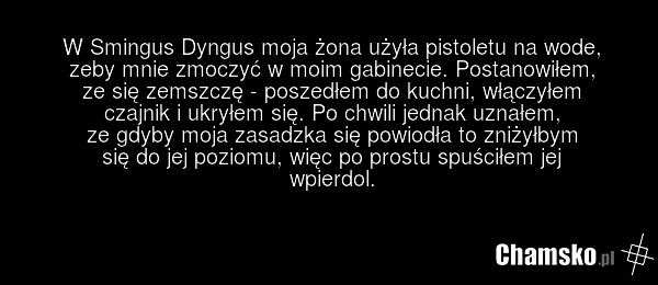 W Smingus Dyngus moja żona użyła pistoletu na wode, zeby mnie zmoczyć w moim gabinecie. Postanowiłem, ze się zemszczę - poszedłem do kuchni, włączyłem czajnik i ukryłem się. Po chwili jednak uznałem, ze gdyby moja zasadzka się powiodła to zniżyłbym się do jej poziomu, więc po prostu spuściłem jej w…