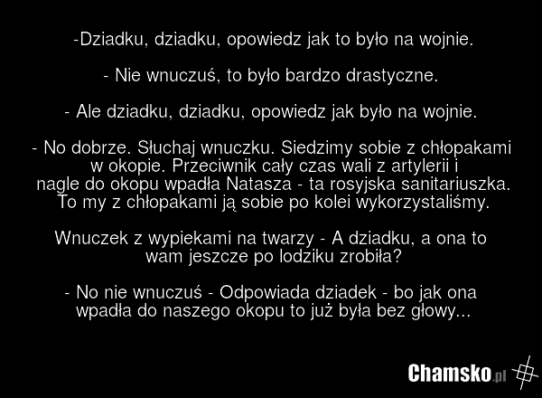 -Dziadku, dziadku, opowiedz jak to było na wojnie. - Nie wnuczuś, to było bardzo drastyczne. - Ale dziadku, dziadku, opowiedz jak było na wojnie. - No dobrze. Słuchaj wnuczku. Siedzimy sobie z chłopakami w okopie. Przeciwnik cały czas wali z artylerii i nagle do okopu wpadła Natasza - ta rosyjska s…