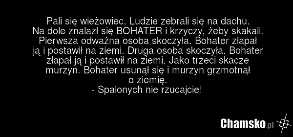 Pali się wieżowiec. Ludzie zebrali się na dachu. Na dole znalazł się BOHATER i krzyczy, żeby skakali. Pierwsza odważna osoba skoczyła. Bohater złapał ją i postawił na ziemi. Druga osoba skoczyła. Bohater złapał ją i postawił na ziemi. Jako trzeci skacze murzyn. Bohater usunął się i murzyn grzmotnął…