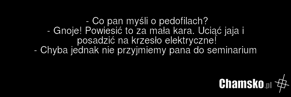 - Co pan myśli o pedofilach? - Gnoje! Powiesić to za mała kara. Uciąć jaja i posadzić na krzesło elektryczne! - Chyba jednak nie przyjmiemy pana do seminarium