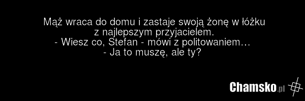 Mąż wraca do domu i zastaje swoją żonę w łóżku z najlepszym przyjacielem. - Wiesz co, Stefan - mówi z politowaniem… - Ja to muszę, ale ty?