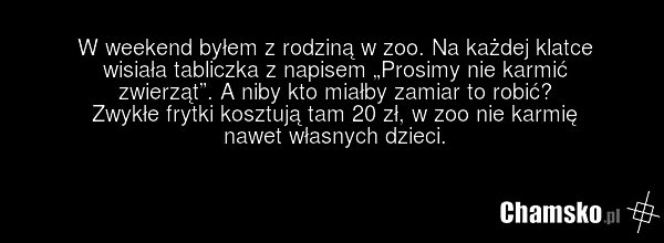 W weekend byłem z rodziną w zoo. Na każdej klatce wisiała tabliczka z napisem „Prosimy nie karmić zwierząt”. A niby kto miałby zamiar to robić? Zwykłe frytki kosztują tam 20 zł, w zoo nie karmię nawet własnych dzieci.