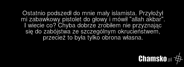 Ostatnio podszedł do mnie mały islamista. Przyłożył mi zabawkowy pistolet do głowy i mówił "allah akbar". I wiecie co? Chyba dobrze zrobiłem nie przyznając się do zabójstwa ze szczególnym okrucieństwem, przecież to była tylko obrona własna.