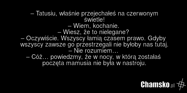 – Tatusiu, właśnie przejechałeś na czerwonym świetle! – Wiem, kochanie. – Wiesz, że to nielegane? – Oczywiście. Wszyscy łamią czasem prawo. Gdyby wszyscy zawsze go przestrzegali nie byłoby nas tutaj. – Nie rozumiem… – Cóż… powiedzmy, że w nocy, w którą zostałaś poczęta mamusia nie była w nastroju.