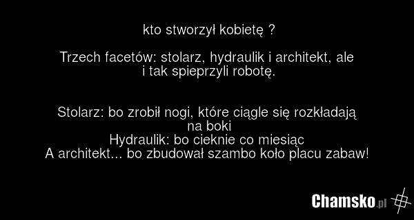 kto stworzył kobietę ? Trzech facetów: stolarz, hydraulik i architekt, ale i tak spieprzyli robotę. Stolarz: bo zrobił nogi, które ciągle się rozkładają na boki Hydraulik: bo cieknie co miesiąc A architekt... bo zbudował szambo koło placu zabaw!