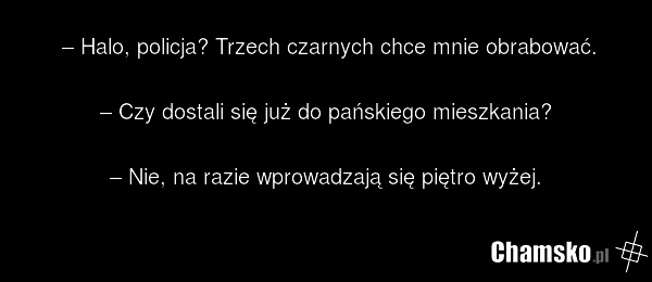 – Halo, policja? Trzech czarnych chce mnie obrabować. – Czy dostali się już do pańskiego mieszkania? – Nie, na razie wprowadzają się piętro wyżej.