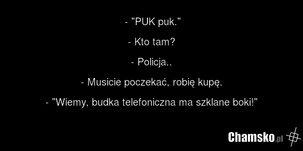 - "PUK puk." - Kto tam? - Policja.. - Musicie poczekać, robię kupę. - "Wiemy, budka telefoniczna ma szklane boki!"