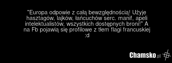 "Europa odpowie z całą bewzględnością! Użyje hasztagów, lajków, łańcuchów serc. manif, apeli intelektualistów, wszystkich dostępnych broni!" A na Fb pojawią się profilowe z tłem flagi francuskiej :d