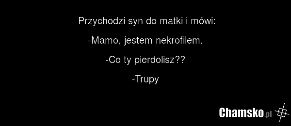 Przychodzi syn do matki i mówi: -Mamo, jestem nekrofilem. -Co ty pierdolisz?? -Trupy