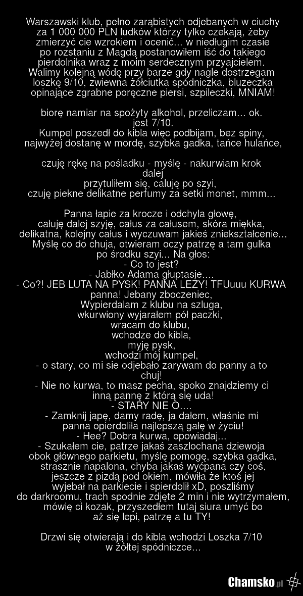 Warszawski klub, pełno zarąbistych odjebanych w ciuchy za 1 000 000 PLN ludków którzy tylko czekają, żeby zmierzyć cie wzrokiem i ocenić... w niedługim czasie po rozstaniu z Magdą postanowiłem iść do takiego pierdolnika wraz z moim serdecznym przyajcielem. Walimy kolejną wódę przy barze gdy nagle d…