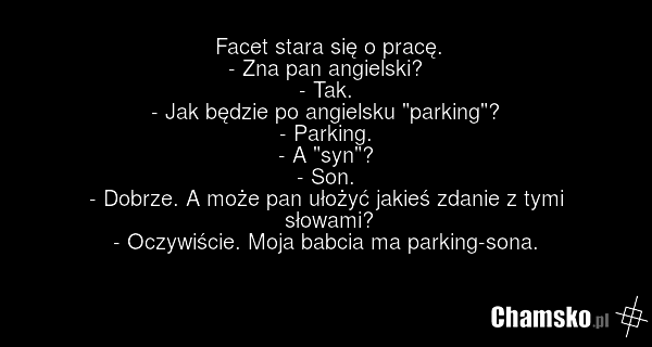 Facet stara się o pracę. - Zna pan angielski? - Tak. - Jak będzie po angielsku "parking"? - Parking. - A "syn"? - Son. - Dobrze. A może pan ułożyć jakieś zdanie z tymi słowami? - Oczywiście. Moja babcia ma parking-sona.