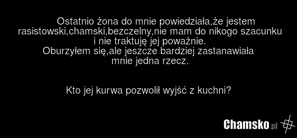 Ostatnio żona do mnie powiedziała,że jestem rasistowski,chamski,bezczelny,nie mam do nikogo szacunku i nie traktuję jej poważnie. Oburzyłem się,ale jeszcze bardziej zastanawiała mnie jedna rzecz. Kto jej kurwa pozwolił wyjść z kuchni?