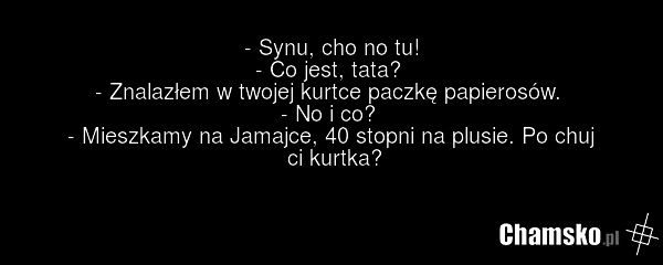 - Synu, cho no tu! - Co jest, tata? - Znalazłem w twojej kurtce paczkę papierosów. - No i co? - Mieszkamy na Jamajce, 40 stopni na plusie. Po chuj ci kurtka?