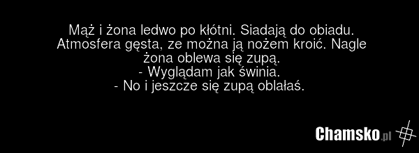 Mąż i żona ledwo po kłótni. Siadają do obiadu. Atmosfera gęsta, ze można ją nożem kroić. Nagle żona oblewa się zupą. - Wyglądam jak świnia. - No i jeszcze się zupą oblałaś.