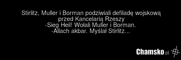 Stirlitz, Muller i Borman podziwiali defiladę wojskową przed Kancelarią Rzeszy -Sieg Heil! Wołali Muller i Borman. -Allach akbar. Myślał Stirlitz...