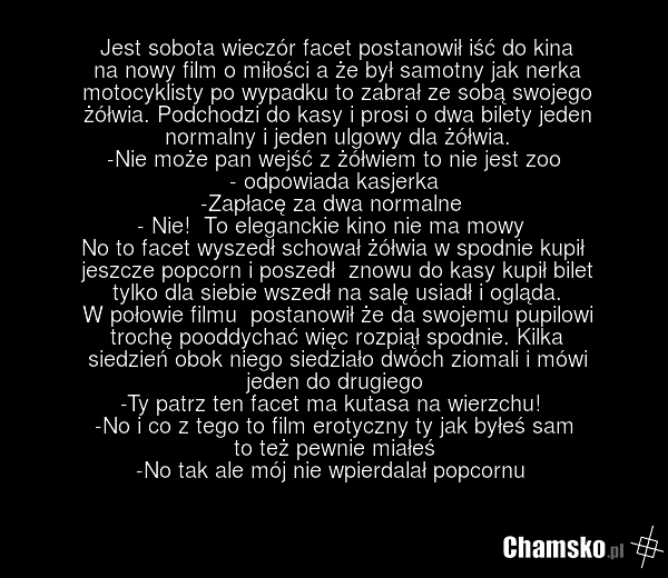 Jest sobota wieczór facet postanowił iść do kina na nowy film o miłości a że był samotny jak nerka motocyklisty po wypadku to zabrał ze sobą swojego żółwia. Podchodzi do kasy i prosi o dwa bilety jeden normalny i jeden ulgowy dla żółwia. -Nie może pan wejść z żółwiem to nie jest zoo - odpowiada kas…