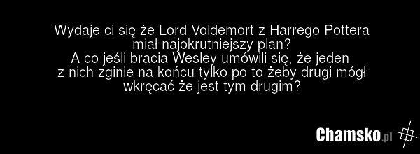 Wydaje ci się że Lord Voldemort z Harrego Pottera miał najokrutniejszy plan? A co jeśli bracia Wesley umówili się, że jeden z nich zginie na końcu tylko po to żeby drugi mógł wkręcać że jest tym drugim?
