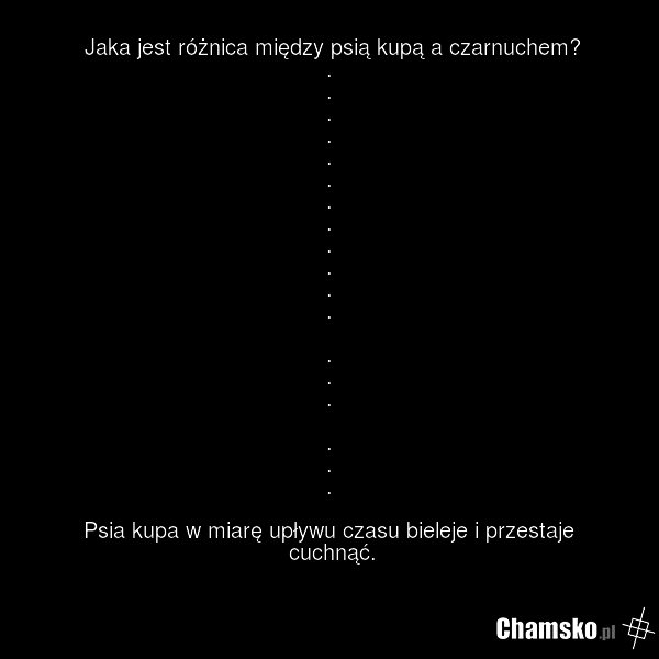 Jaka jest różnica między psią kupą a czarnuchem? . . . . . . . . . . . . . . . . . . Psia kupa w miarę upływu czasu bieleje i przestaje cuchnąć.