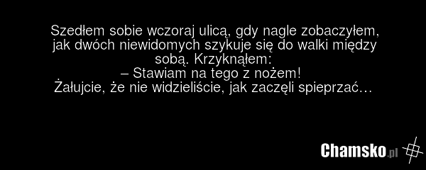 Szedłem sobie wczoraj ulicą, gdy nagle zobaczyłem, jak dwóch niewidomych szykuje się do walki między sobą. Krzyknąłem: – Stawiam na tego z nożem! Żałujcie, że nie widzieliście, jak zaczęli spieprzać…