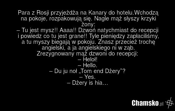 Para z Rosji przyjeżdża na Kanary do hotelu.Wchodzą na pokoje, rozpakowują się. Nagle mąż słyszy krzyki żony: – Tu jest mysz!! Aaaa!! Dzwoń natychmiast do recepcji i powiedz co tu jest grane!! Tyle pieniędzy zapłaciliśmy, a tu myszy biegają w pokoju. Znasz przecież trochę angielski, a ja angielskie…