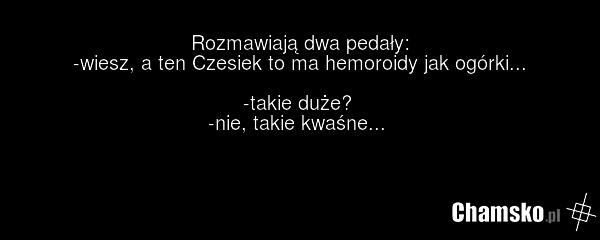 Rozmawiają dwa pedały: -wiesz, a ten Czesiek to ma hemoroidy jak ogórki... -takie duże? -nie, takie kwaśne...