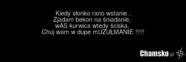 Kiedy słonko rano wstanie , Zjadam bekon na śniadanie, wAS kurwica wtedy ściska, Chuj wam w dupe mUZUŁMANIE !!!!!