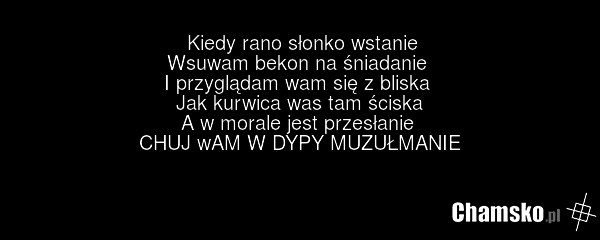 Kiedy rano słonko wstanie Wsuwam bekon na śniadanie I przyglądam wam się z bliska Jak kurwica was tam ściska A w morale jest przesłanie CHUJ wAM W DYPY MUZUŁMANIE