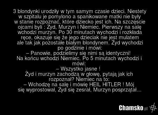3 blondynki urodziły w tym samym czasie dzieci. Niestety w szpitalu je pomylono a spanikowane matki nie były w stanie rozpoznać, które dziecko jest ich. Na szczęscie ojcami byli : Zyd, Murzyn i Niemiec. Pierwszy na salę wchodzi murzyn. Po 30 minutach wychodzi i rozkłada ręce, okazuje się że jego dz…
